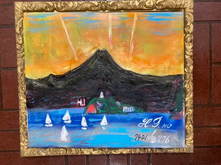 空飛ぶ画家、糸川裕志の富士山曼荼羅の一点、油絵、額入り、F8号