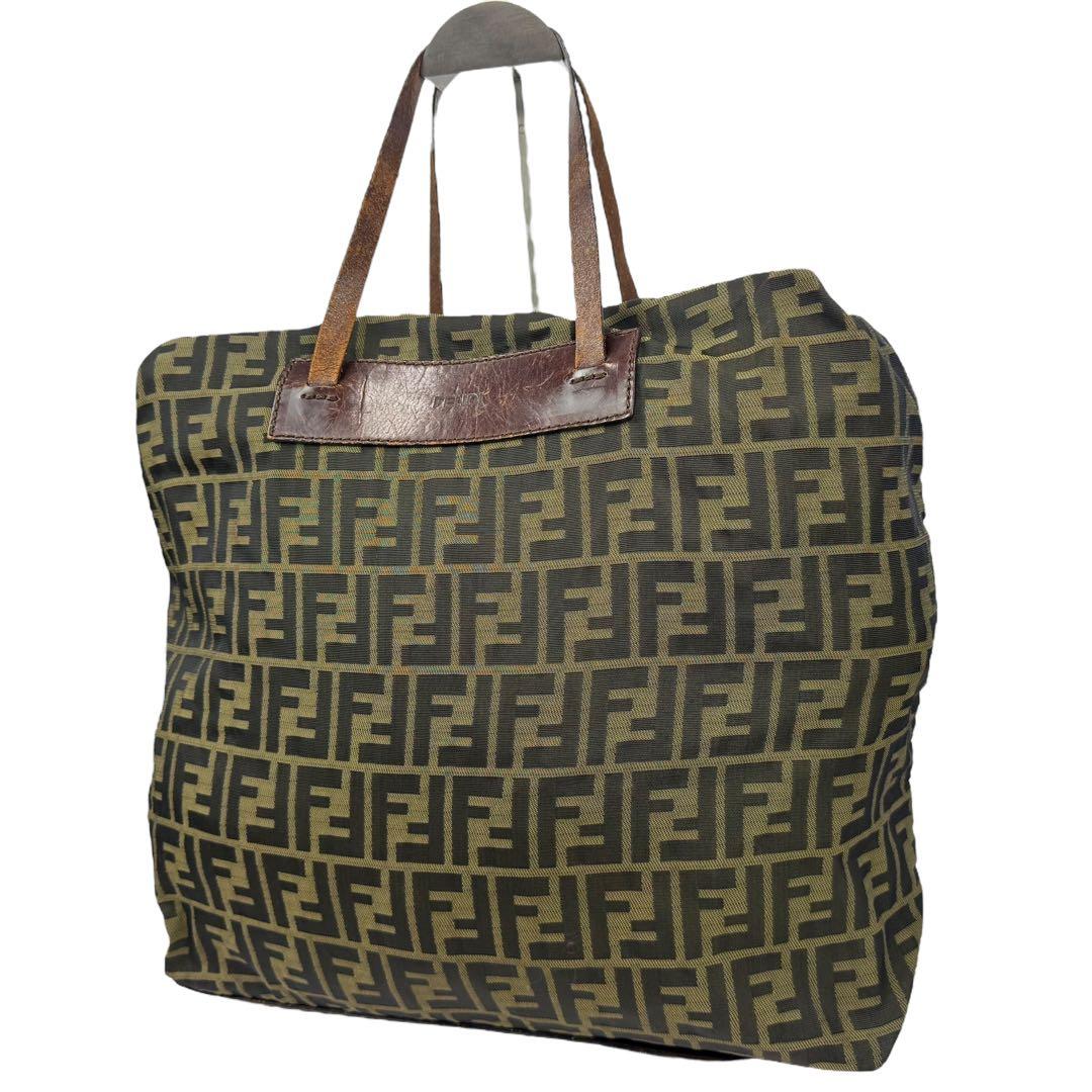 【大容量】FENDI ズッカ柄 折り畳み可能 ハンドバッグ キャンバス カーキ