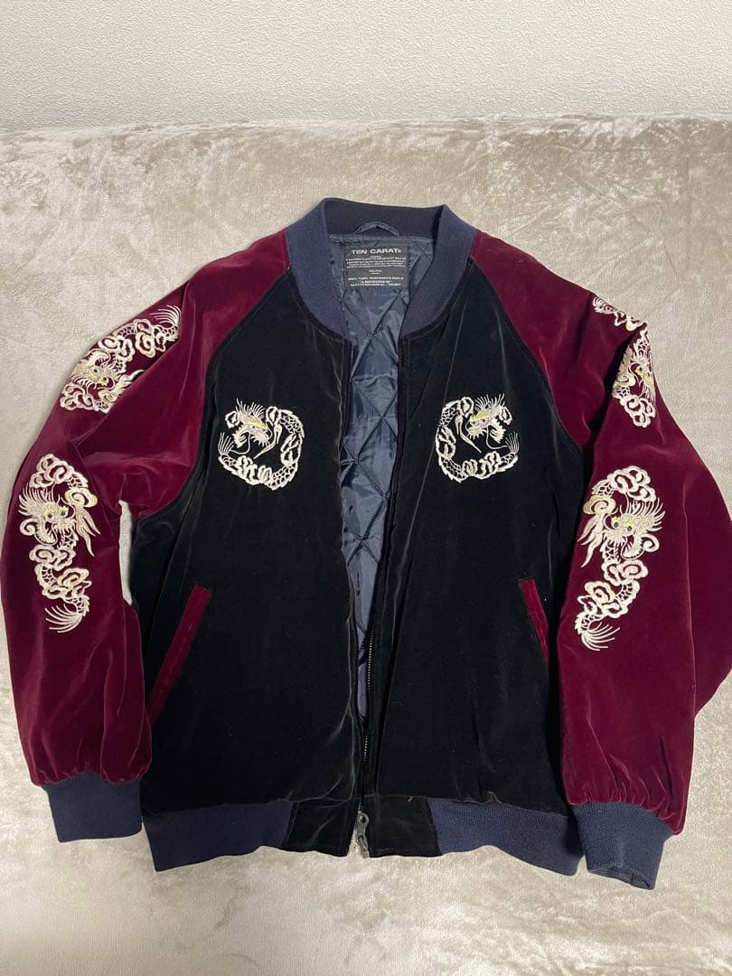 ベロア スカジャン 黒 ワインレッド 刺繍