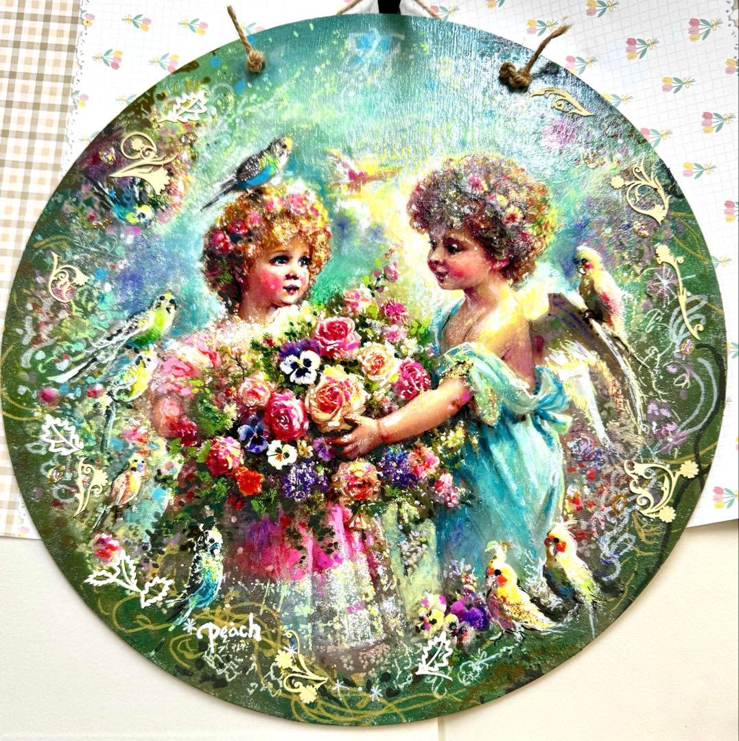 絵画原画《花束に宿る想い》エンジェルギフト　板絵➕collage