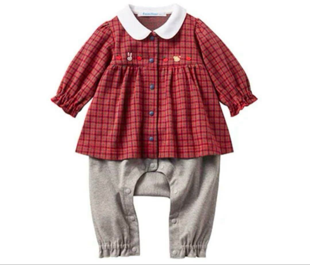 familiar 赤 チェック柄カバーオール 60cm ★新品未使用★ロンパース