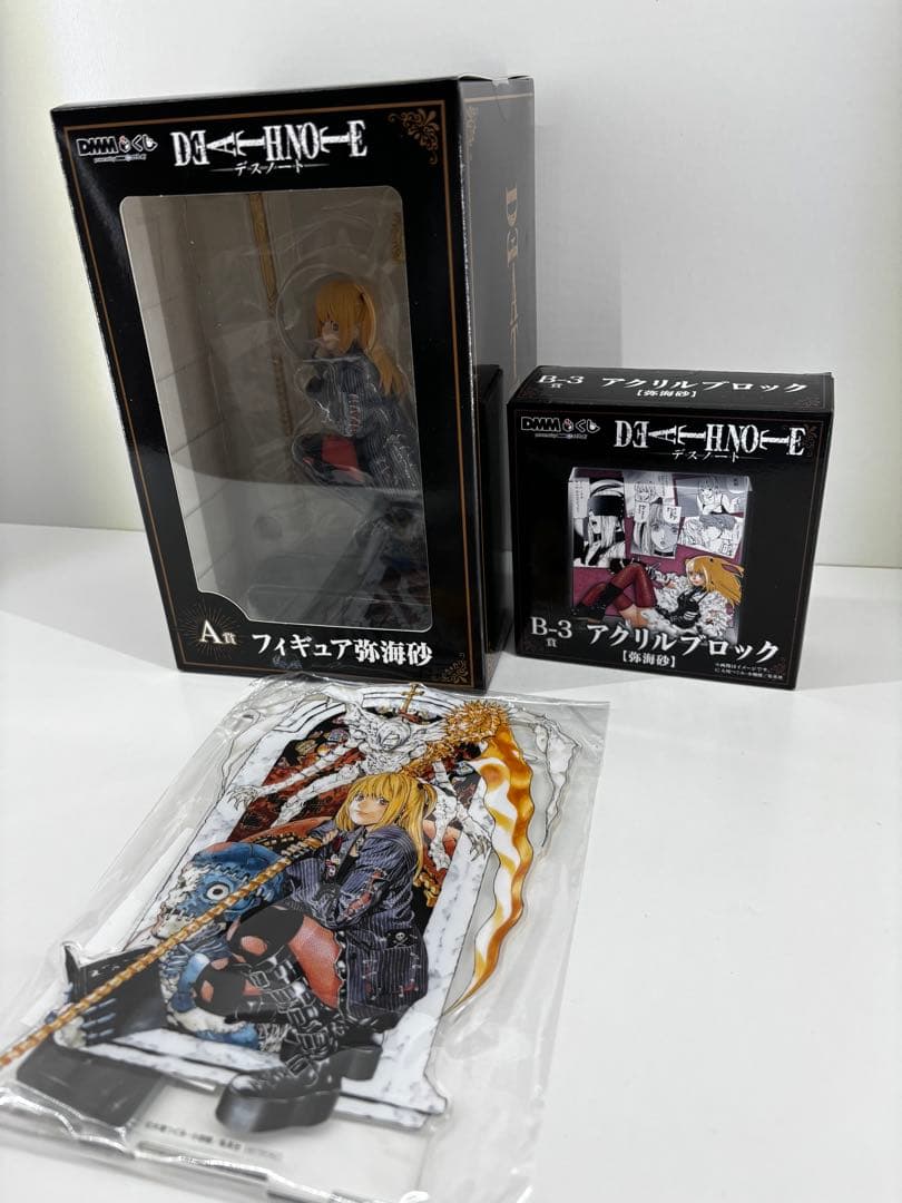 DMMくじ デスノート 弥海砂 フィギュア アクスタ アクリルブロックセット DMMくじ『原作 DEATH NOTE』弥海砂フィギュア、漫画名セリフアクリル