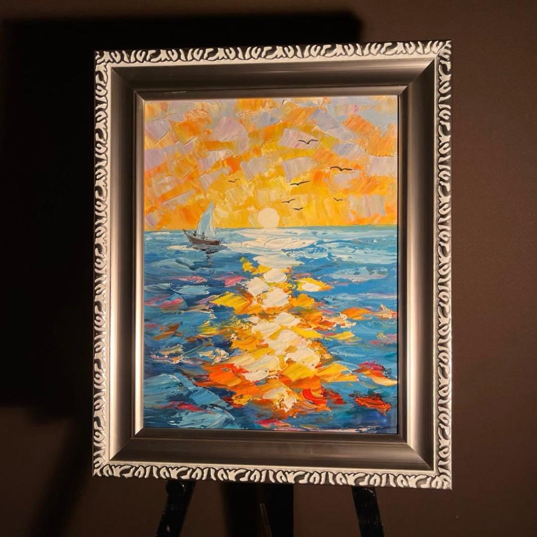 手書き油絵 sun set夕陽 額付 インテリア 油彩画 肉筆絵画