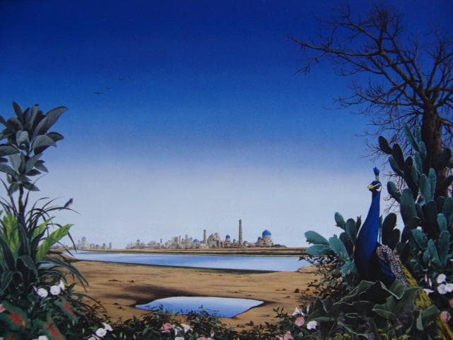 北久美子、【遠き旅空　青い空】、希少な画集画、新品高級額 額装付