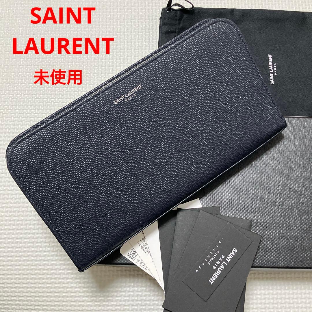 未使用SAINT LAURENTレザーラウンドジップ長財布　ネイビー　箱袋付き SAINT LAURENT 【SAINT PARIS】サンローラン パリ YSL クロコ型押し