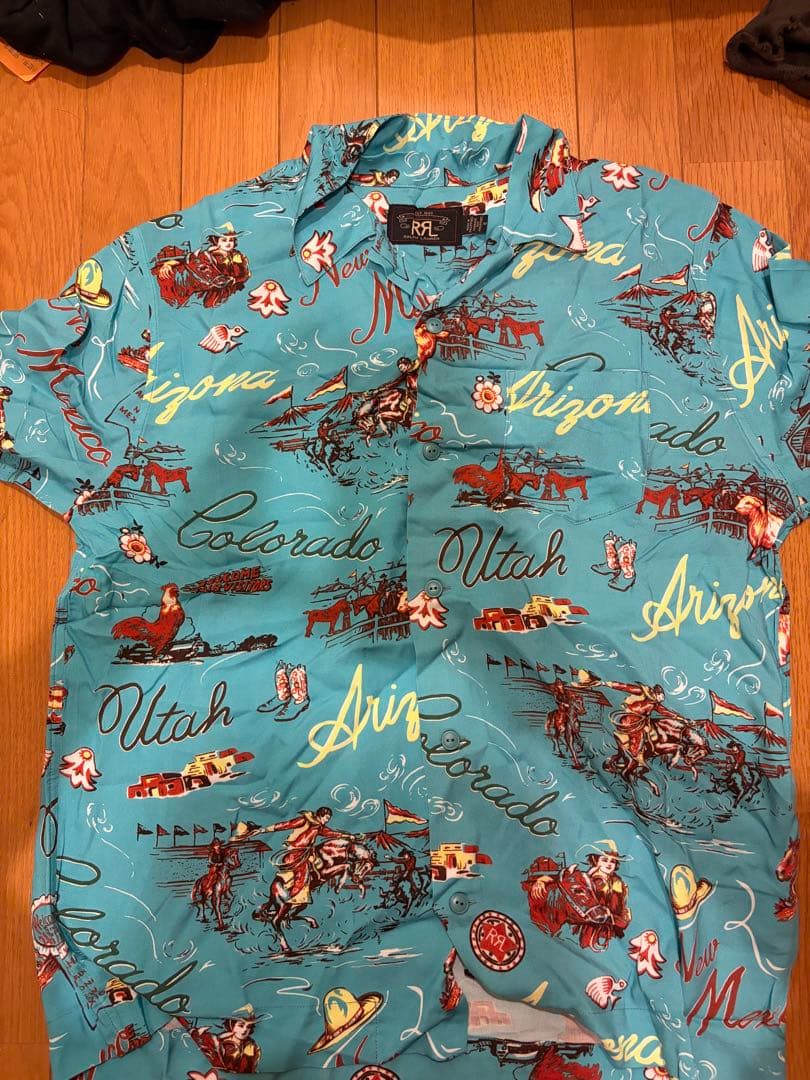 コ*ー様 RRL レーヨンシャツ　半袖　M アロハシャツ　カウボーイプリント メンズ レディース アロハシャツ ハワイアンシャツ プリントシャツ