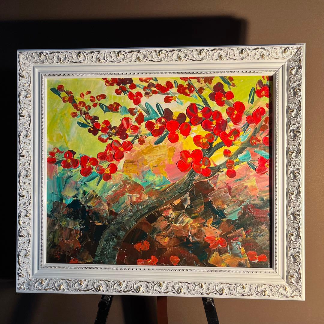 手書き油絵 咲き誇る 絵画 額付き インテリア 油彩画
