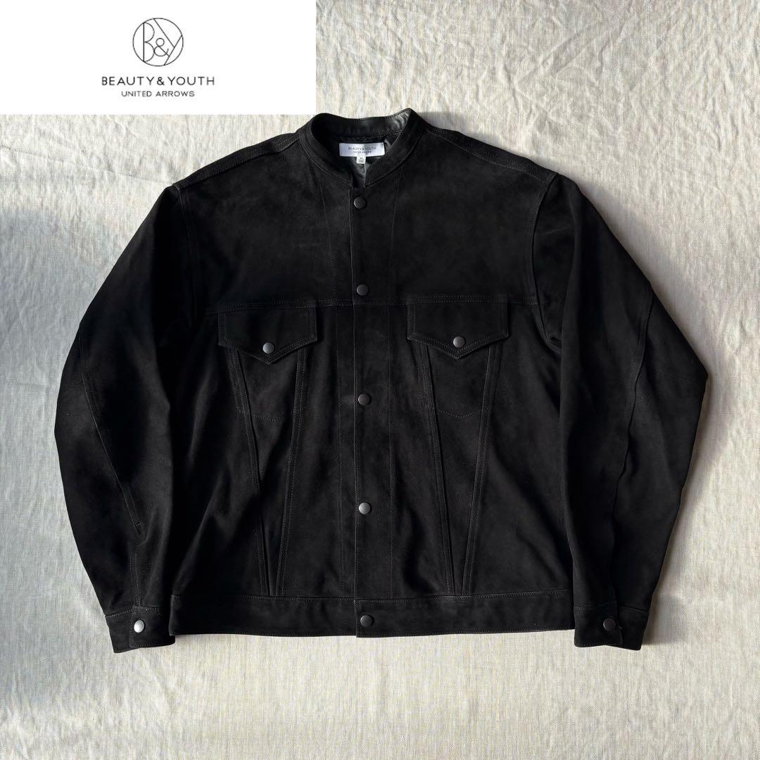 BEAUTY & YOUTH スウェード ノーカラー ブラック レザージャケット