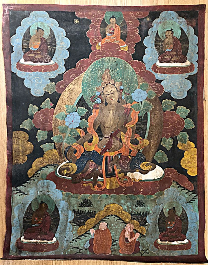 ③ 中国 仏教美術 古玩 曼荼羅 タンカ 手彩色 レザー