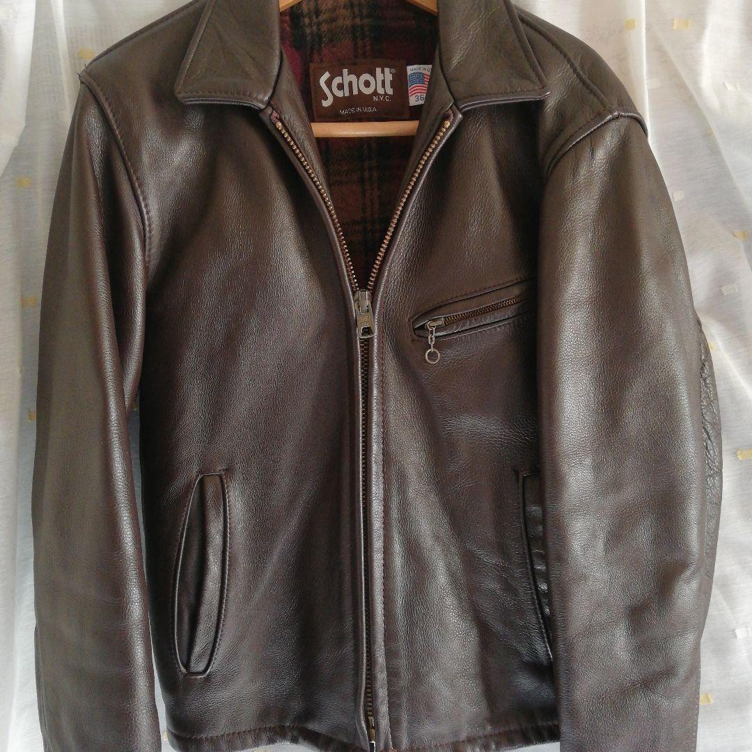 Schott 681ブラウン36  ライダースJK Schott 681 SINGLE RIDERS STEER HIDE / ショット 裏地チェック柄 US産