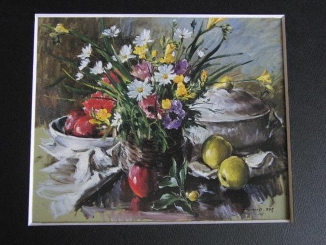 森文男、【籠の花のある静物】、希少な大判額装用画集より、美品