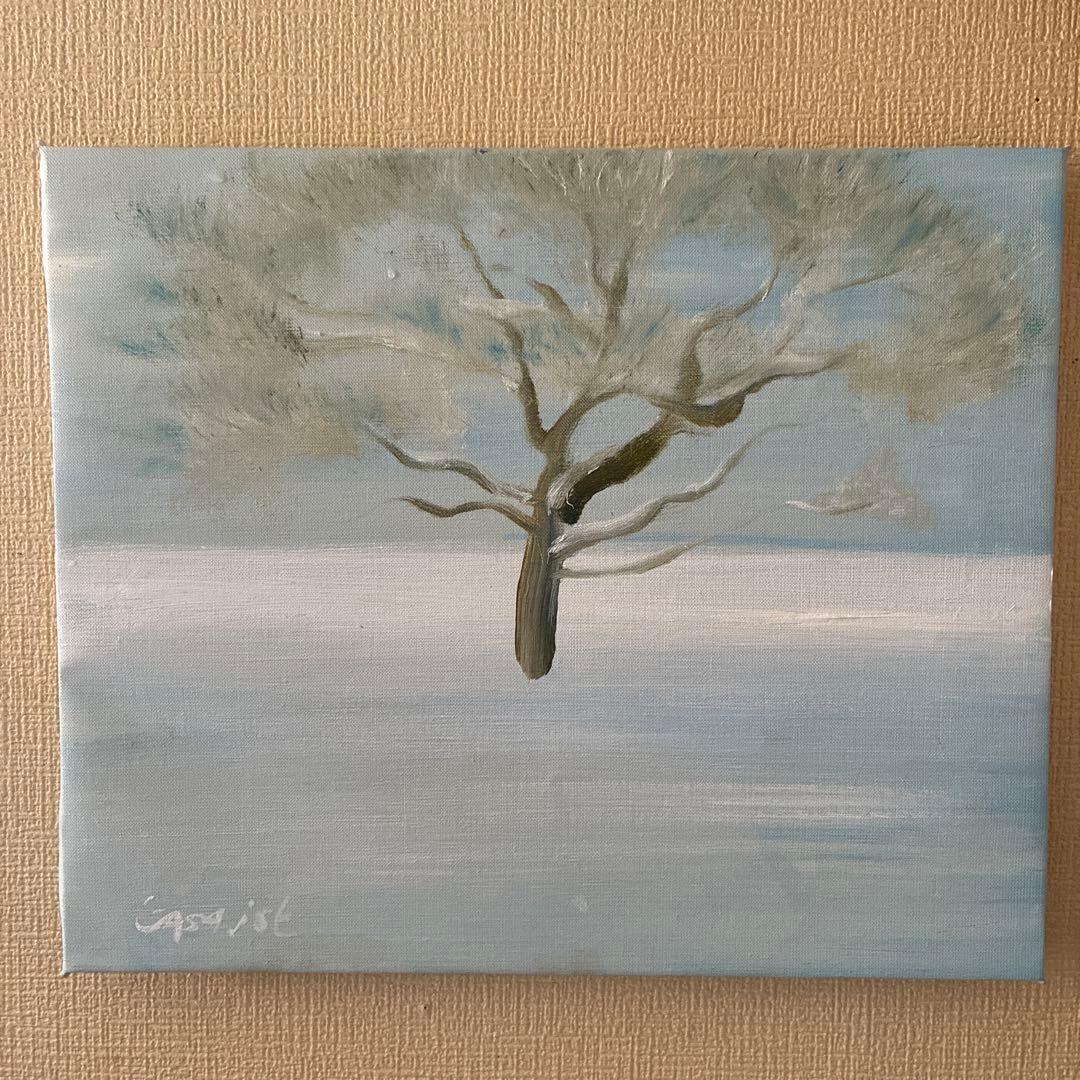 予約販売　静寂の木　油彩画 木 青色系