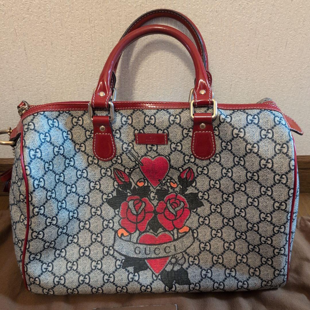 美品　グッチ　GGスプリーム　タトゥー　ボストン　バック　保存袋有　赤　紺