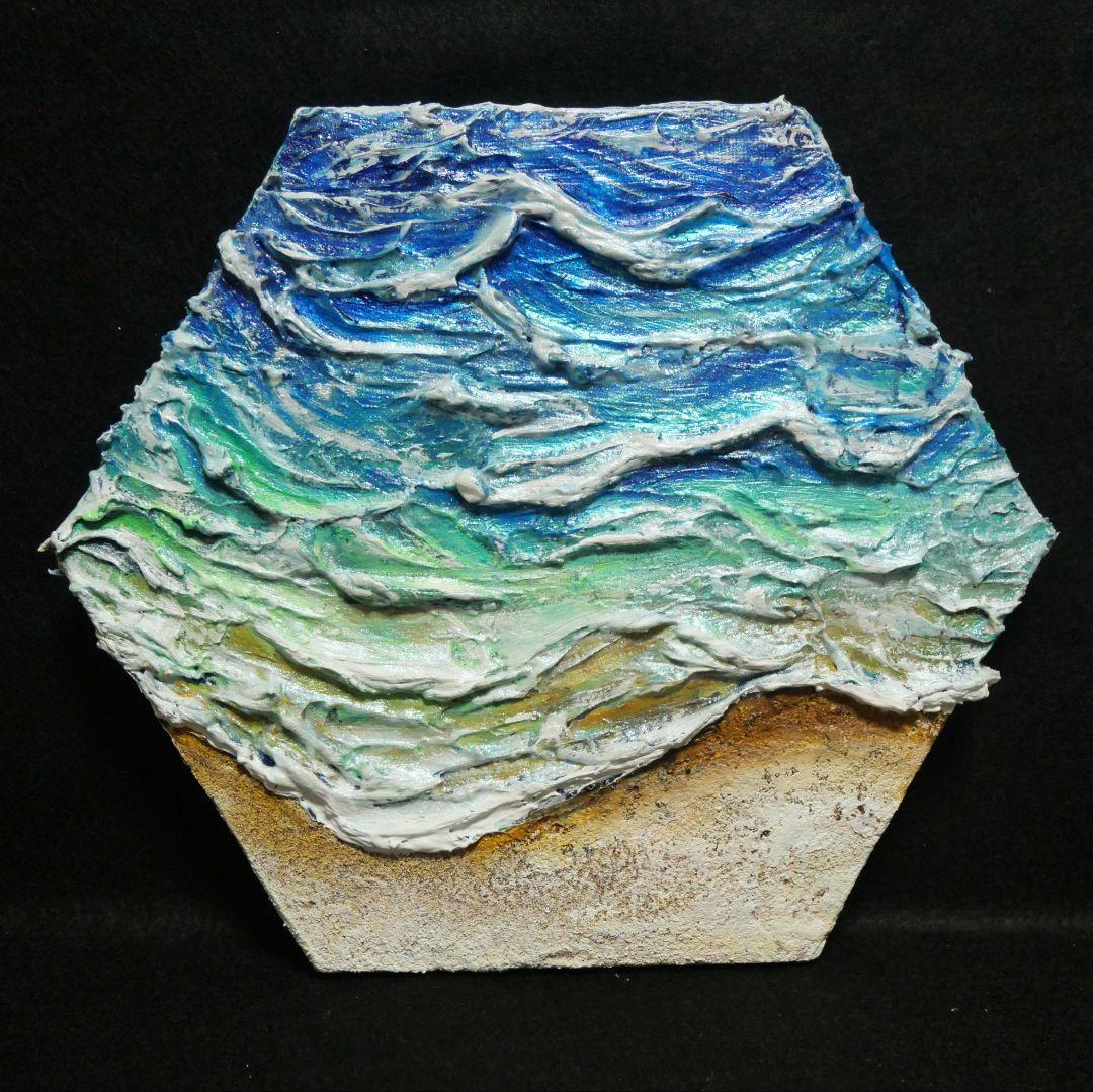 油絵 油彩 油彩画 絵 絵画 六角型【海の砂場】