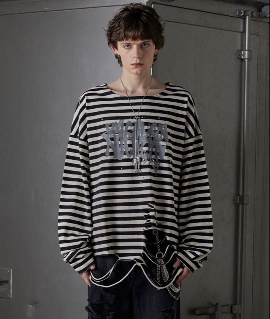 け*け様 GRANCY 総柄ラインストーングラフィックロンT ブラック ボーダー