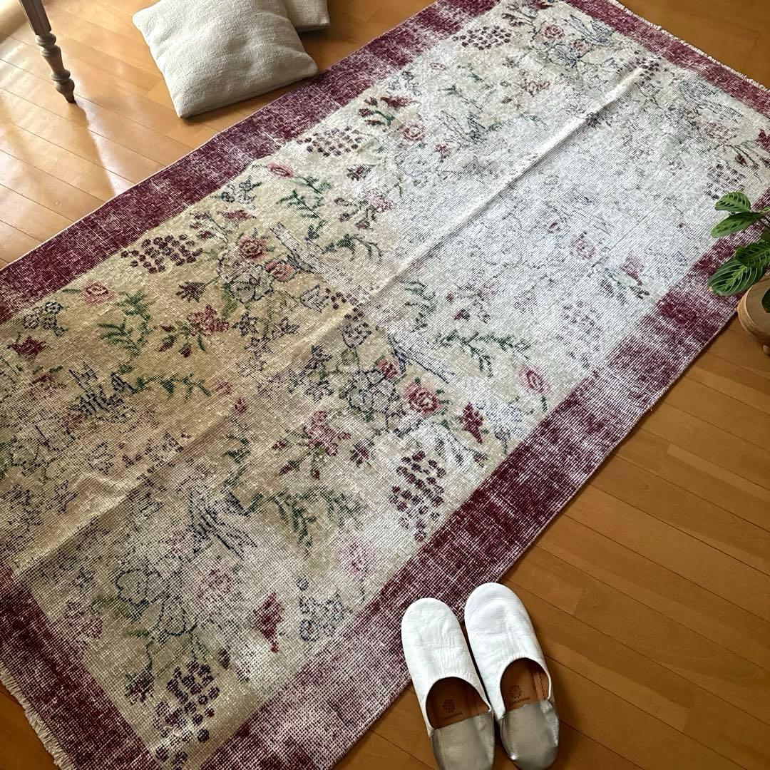 111×207 擦れシャビー　幸せな青い鳥　トルコヴィンテージラグ