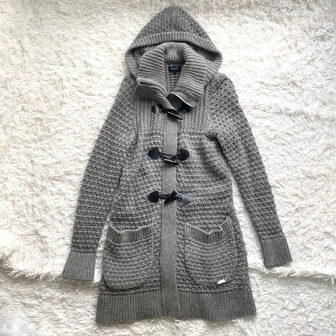 美品　バーバリー　ダッフル　ニットコート　カーディガン　カシミヤ混　フード取外可
