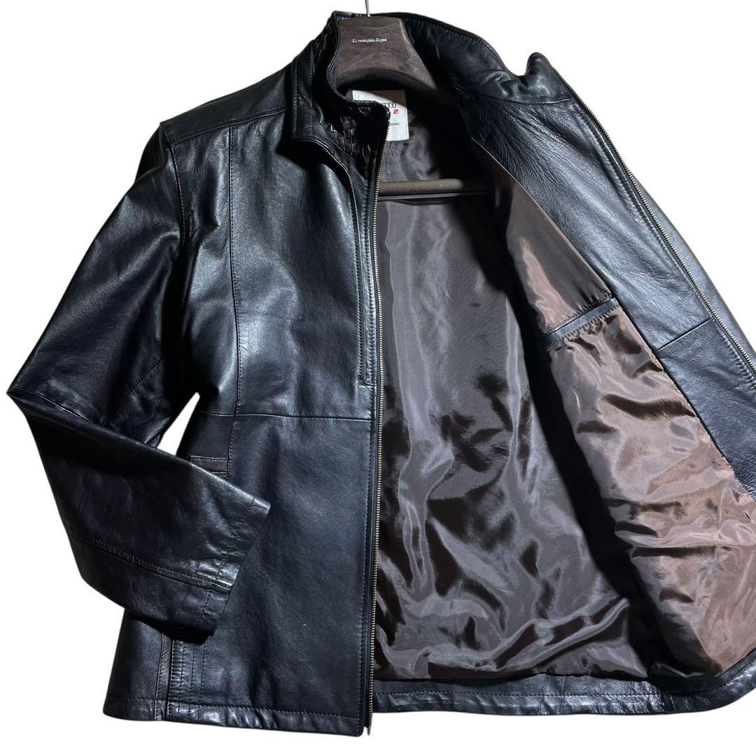 美品 XL羊革 brassi メンズ シングルライダースジャケット 編み込み 黒