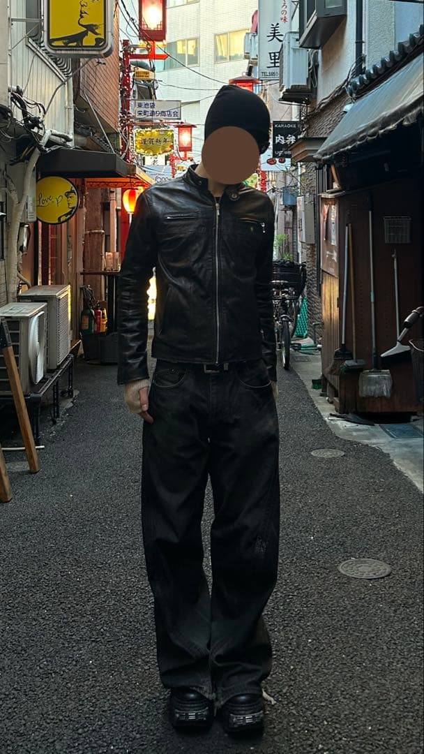 00s archiveブラックレザーシングルライダースジャケット 本革 00s archive 羊革レザーハの字ライダースジャケット黒L 平成ギャル男