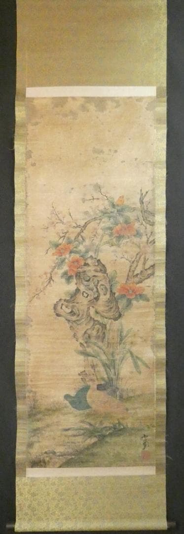 掛け軸 美品 【 野口小頻 】 花鳥　掛け軸　箱無し 紙本