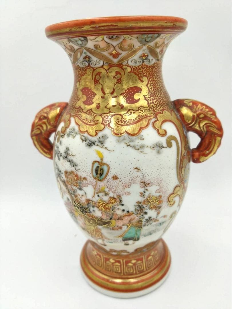 九谷焼 明治期 唐子遊戯山水図 金彩緻密 耳付き 花瓶