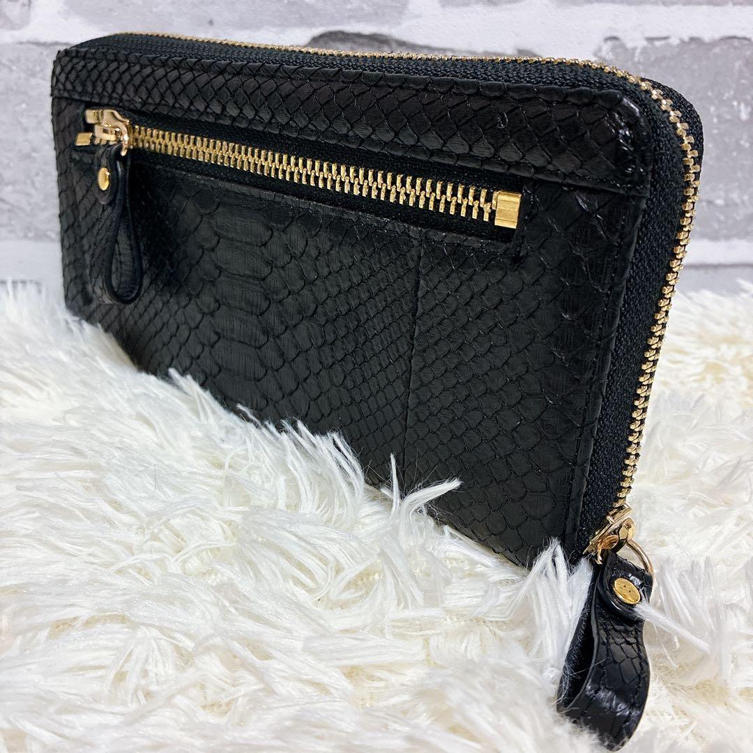 財布　パイソン　蛇革　長財布　本革　黒 ラウンドファスナー（ユニセックス対応）