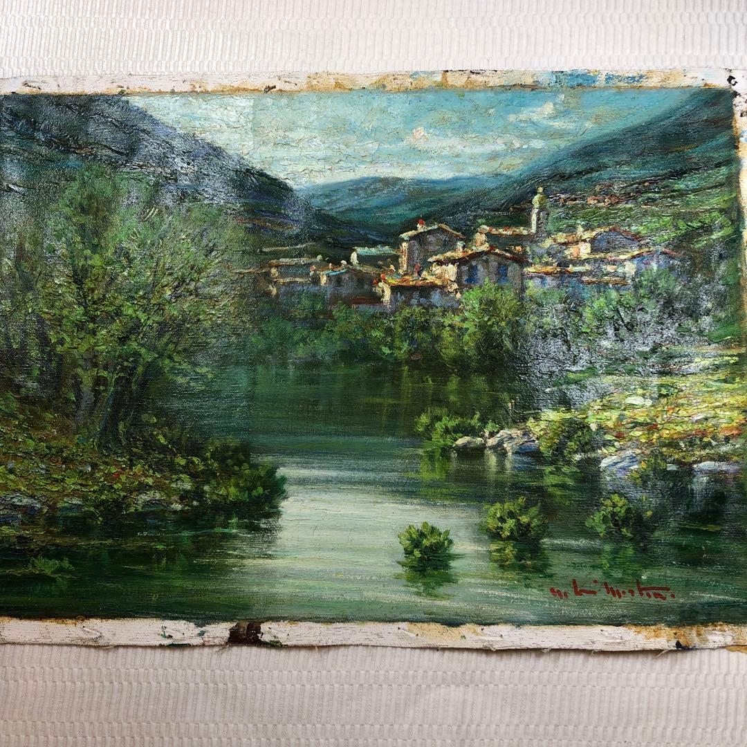 マリオ・ディ・マルティーノ　「カンターラの村」 油彩画　木枠無し　キャンバスのみ マリオ・ディ・マルティーノ 「カンターラの村」 油彩画 木枠無し