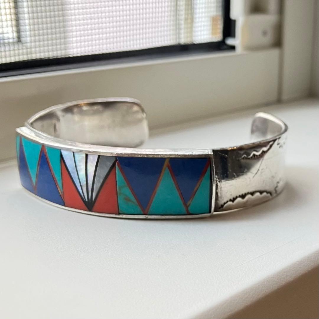47g ズニ族 スターリングシルバー インレイ マルチストーン ブレスレット