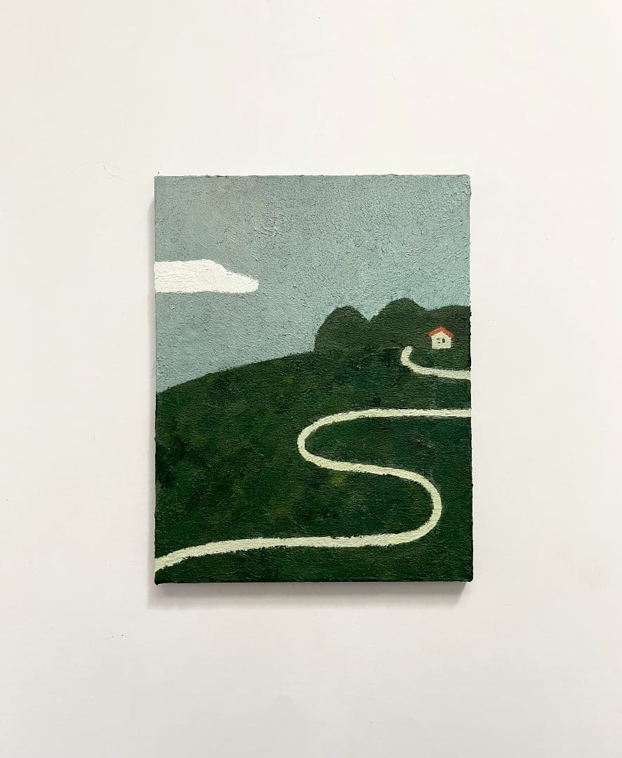 油彩画 丘の上の家