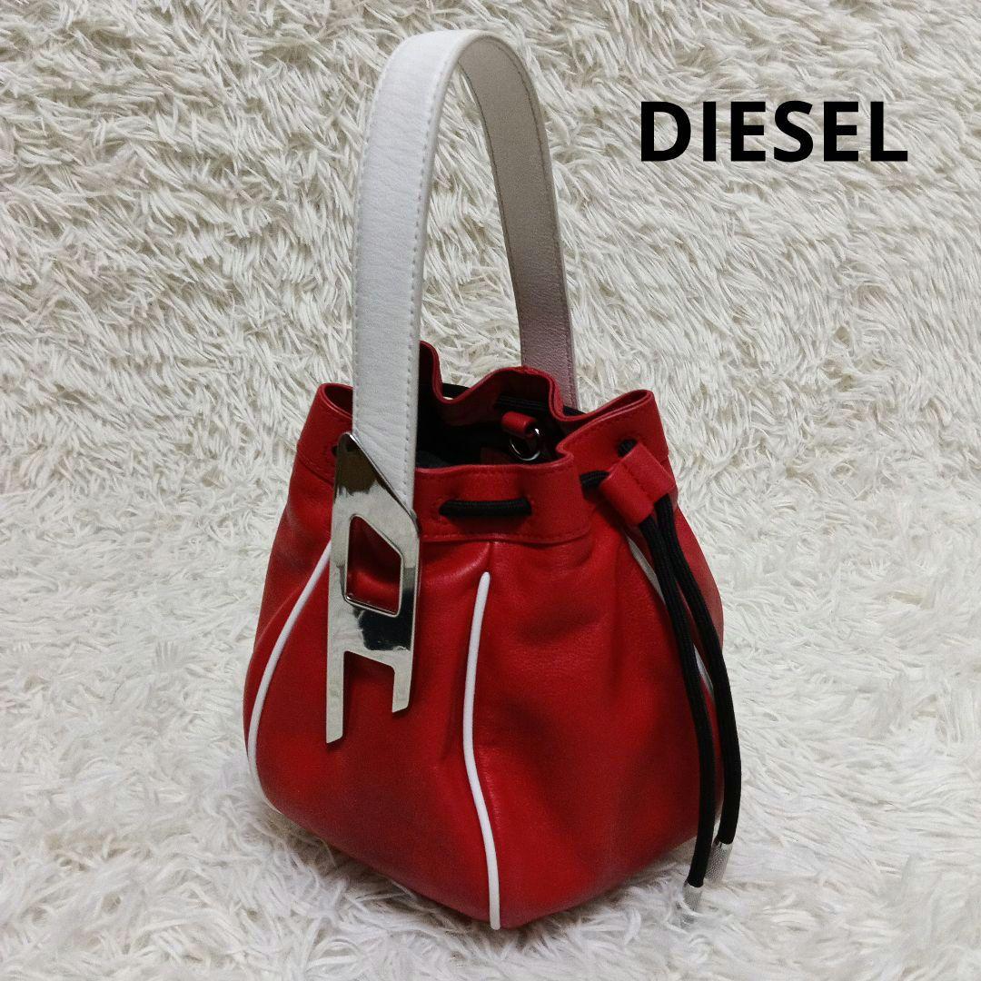 DIESELディーゼル巾着ハンドバッグ DIESEL（ディーゼル） 巾着バッグ ナップサック レザー ロゴ 黒