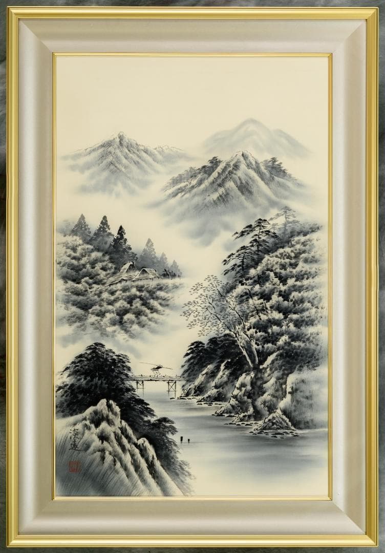 日本画　直筆　水墨山水画　高級額縁　落款付き　外寸約962×663mm 楽天市場】【SALE☆期間限定20%OFF】 有名 画家 額入りアート 雪舟