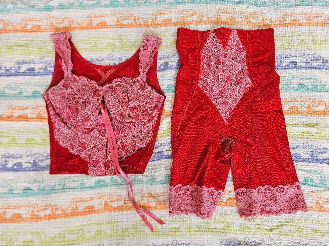 LA-LA ビスチェ/ロングガードルセット レッド E65/64 スカラップレースビスチェセット