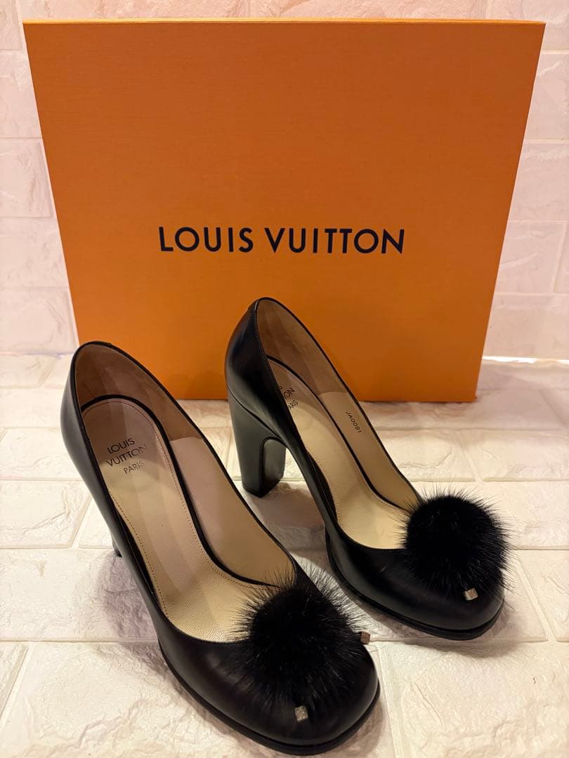 #LOUIS VUITTON ブラック レザーファー装飾ハイヒール#24.5cm
