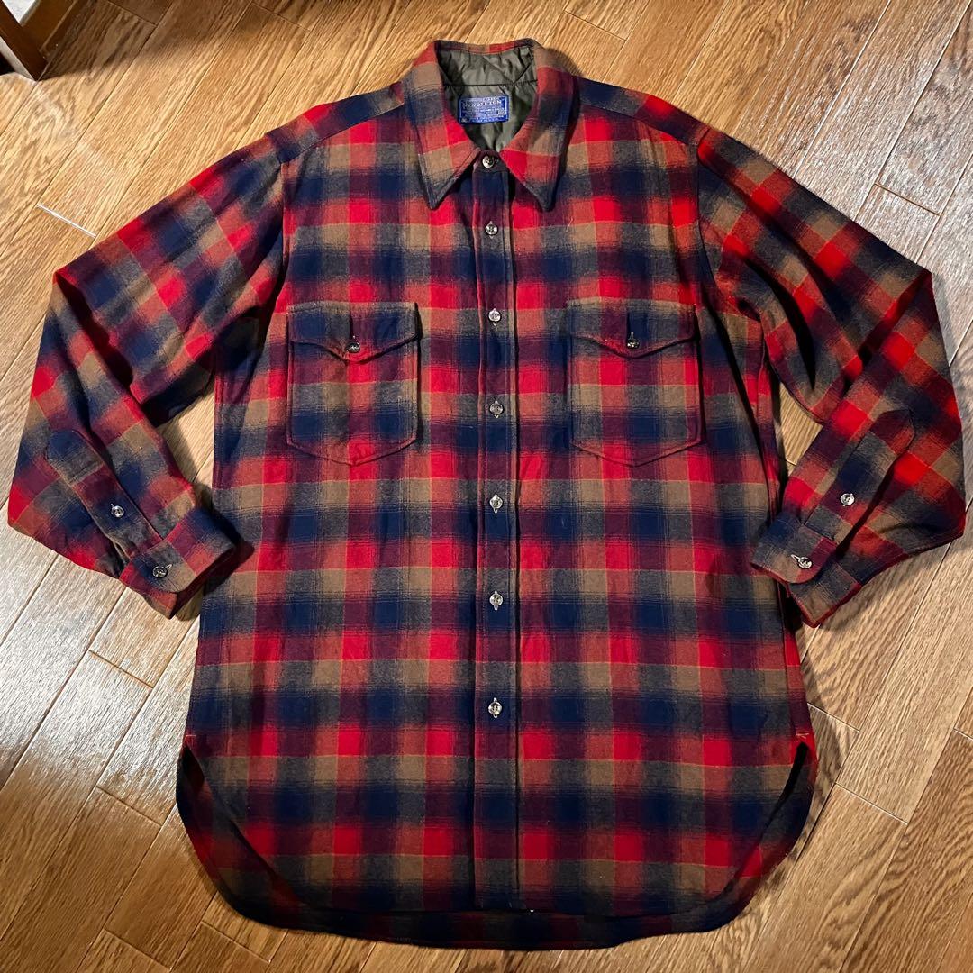 70s ペンドルトン ロング丈 オンブレチェックシャツ 赤×黒 Lサイズ