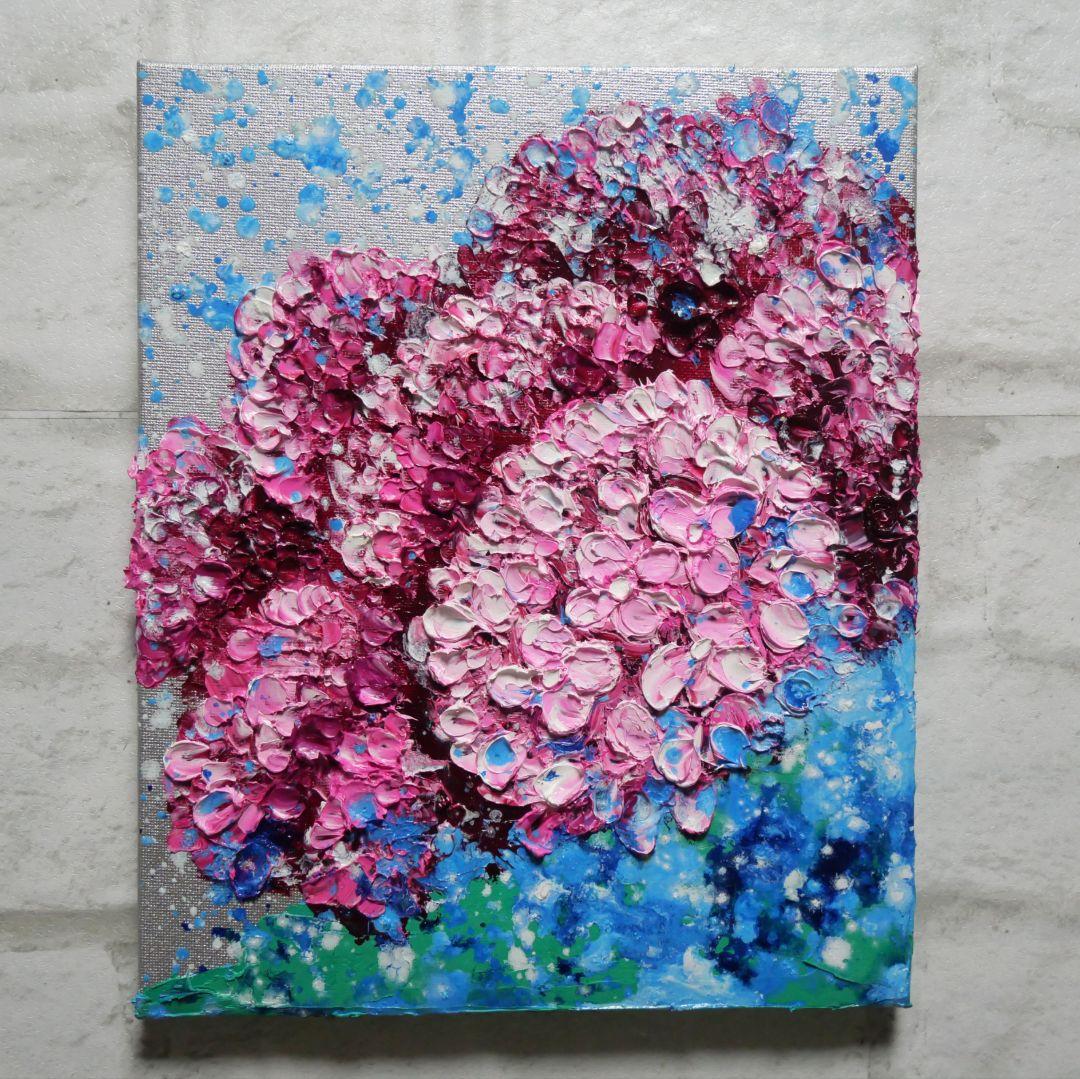油絵 油彩 油彩画 絵画 絵 【梅雨に咲くピンクの紫陽花】