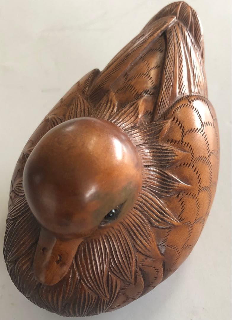 鸳鸯、鳥一刀彫りアンティーク手作りオブジェインテリア現品無料発送