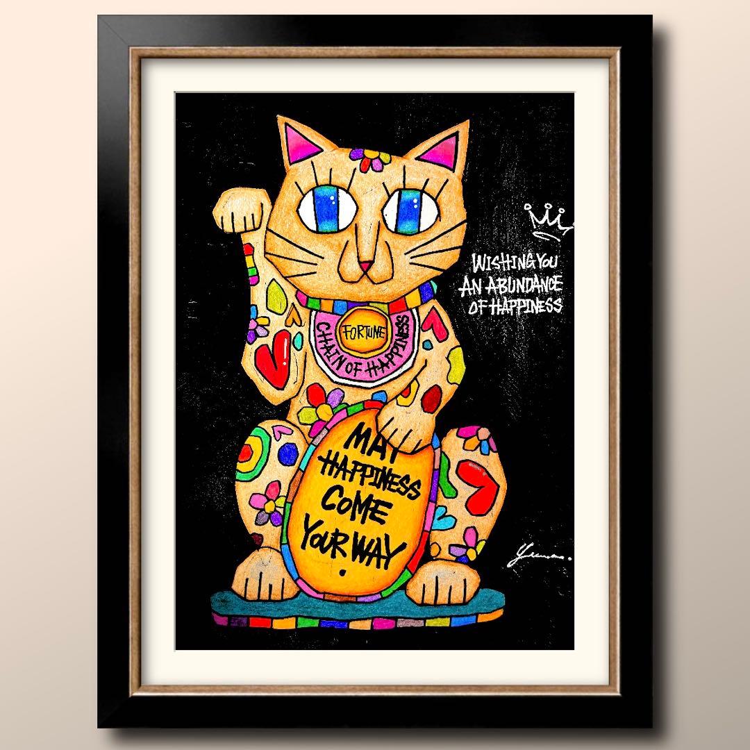 m*n様 「 逆境に灯る招き猫 」｜絵画 原画 抽象画 絵 動物画 ドローイング 猫招き2 ブラック/lucky cat | RAQEL ｜インテリア絵画 アートの専門