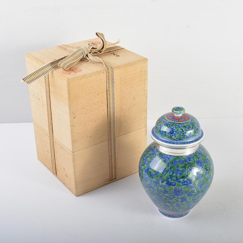 茶道具　有田焼　館林源右衛門　緑彩　唐草文　錫口　茶壺　共箱　F　R4621