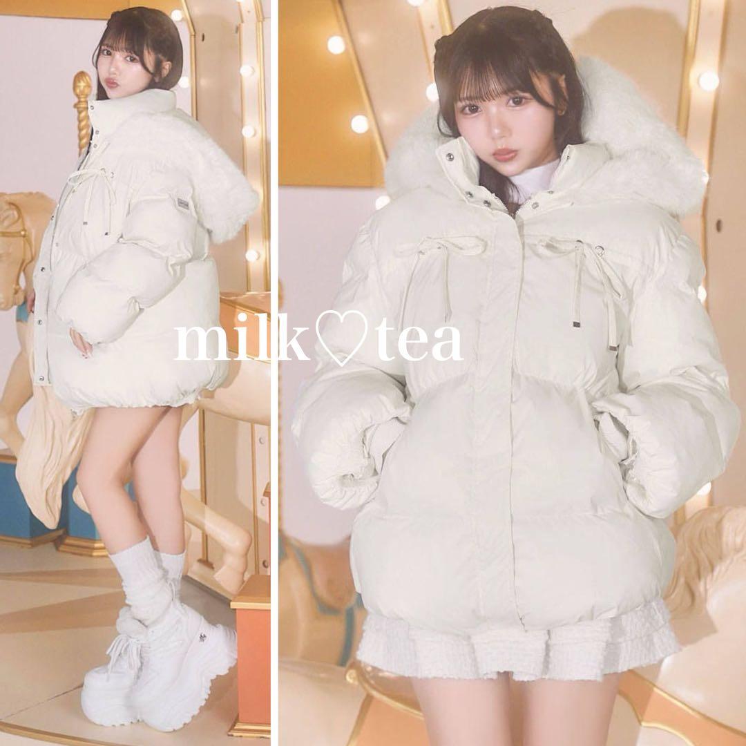 新品タグ付 ミシェルマカロン ファーフードリボンダウンコート ホワイト フリー