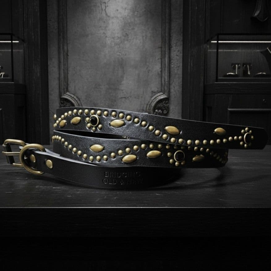 フラワー黒金■本革レザーフルスタッズナローベルト☆アメカジ古着ヴィンテージ