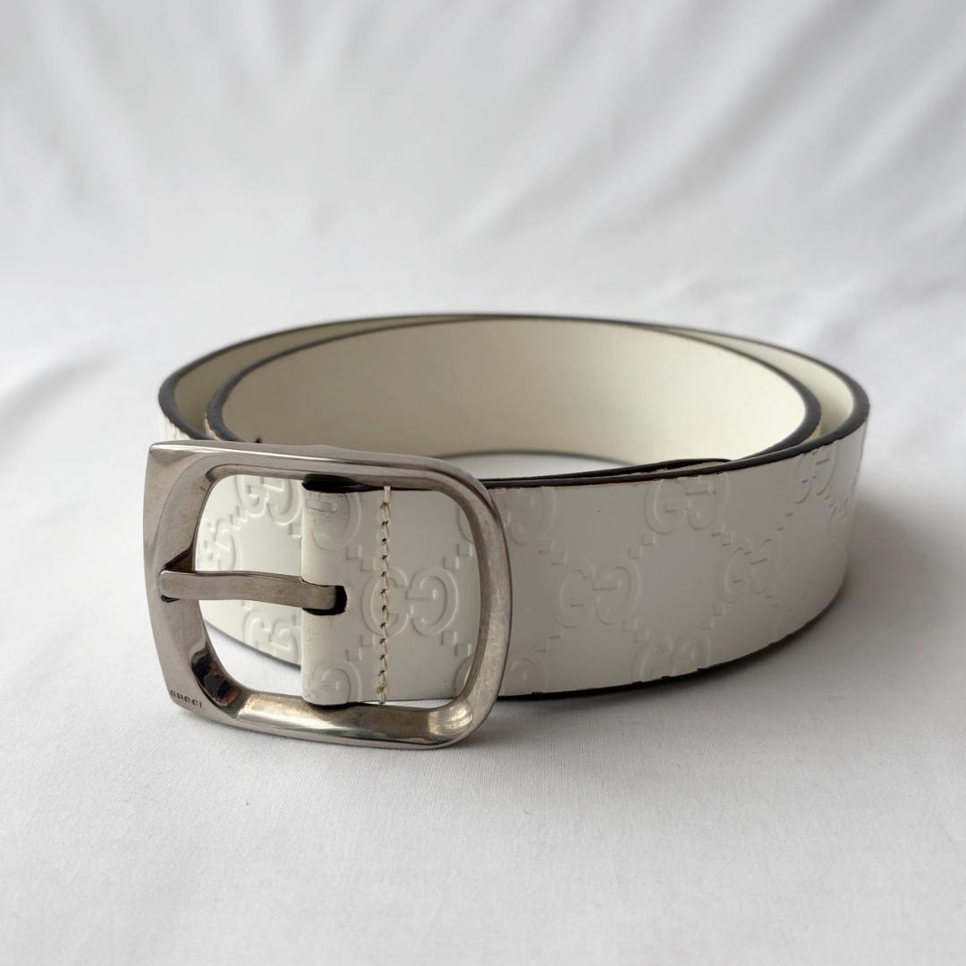 良品 GUCCI グッチ シマ レザーベルト 型押し ホワイト 80-85