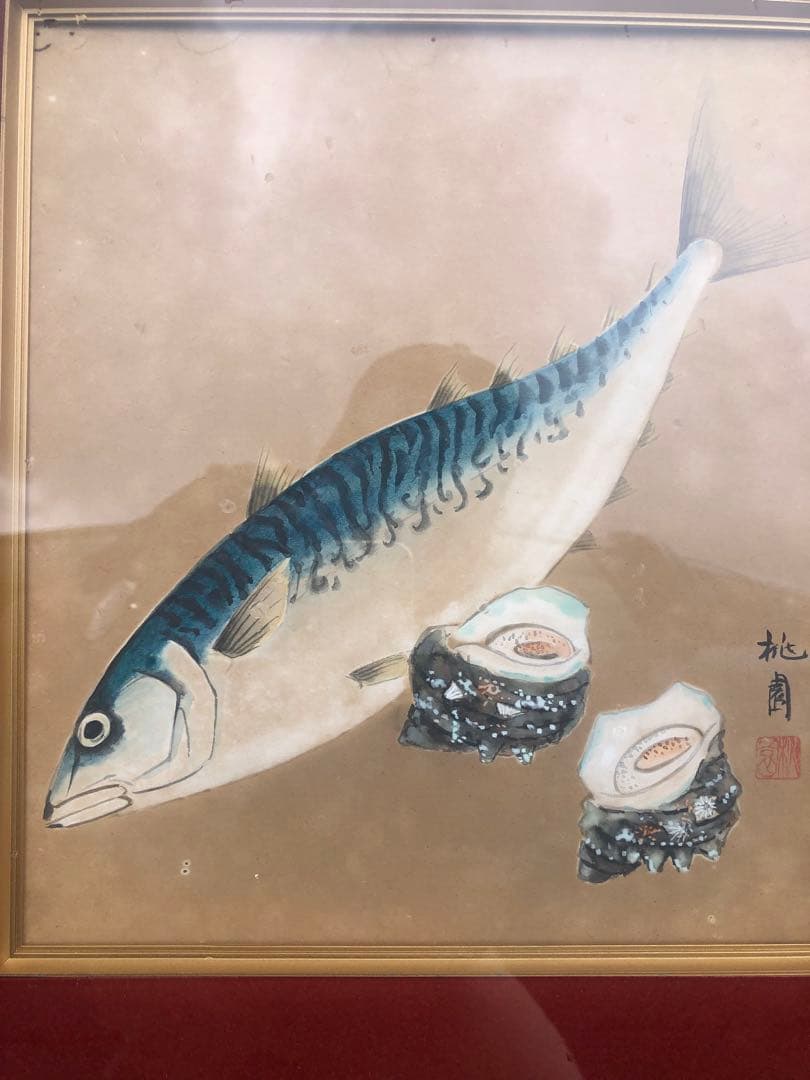 桃園　珍品！　鯖とさざゑ　色紙絵（日本画）