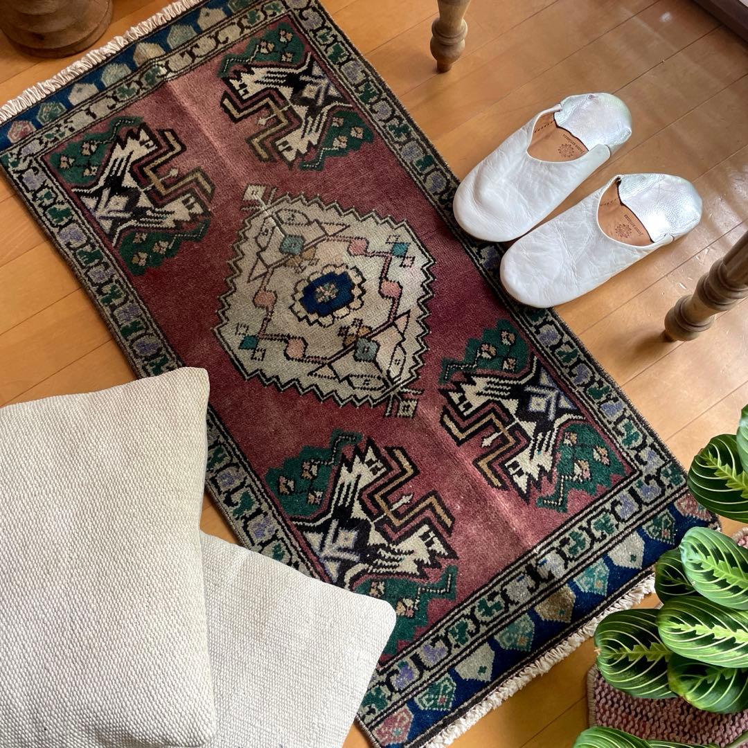 45×91 くすみグレープカラー　小さめメダリオン　トルコヴィンテージラグ