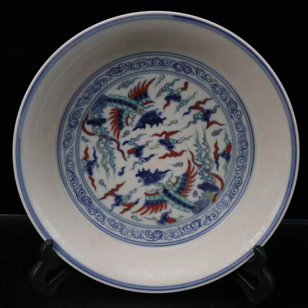 中国古美術✦大明成化紋 斗彩 双鳳呈祥図紋 観賞盤✦置物・文房具・陶芸・観賞皿