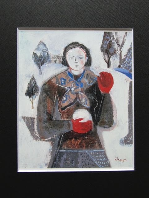 島田章三、【雪の日に赤い手袋】、新品高級額 額装付、希少画集画、状態良好