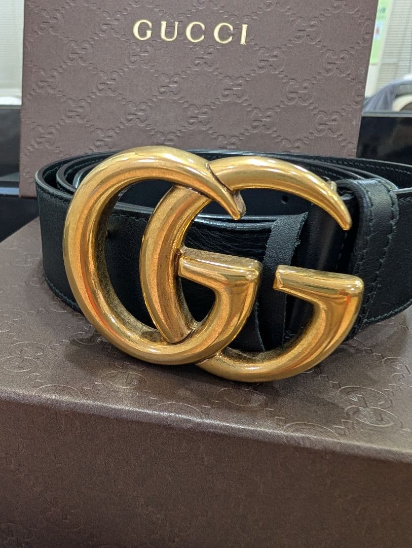 H*1様 GUCCI GG マーモントゴールド ブラック レザー ベルト95-