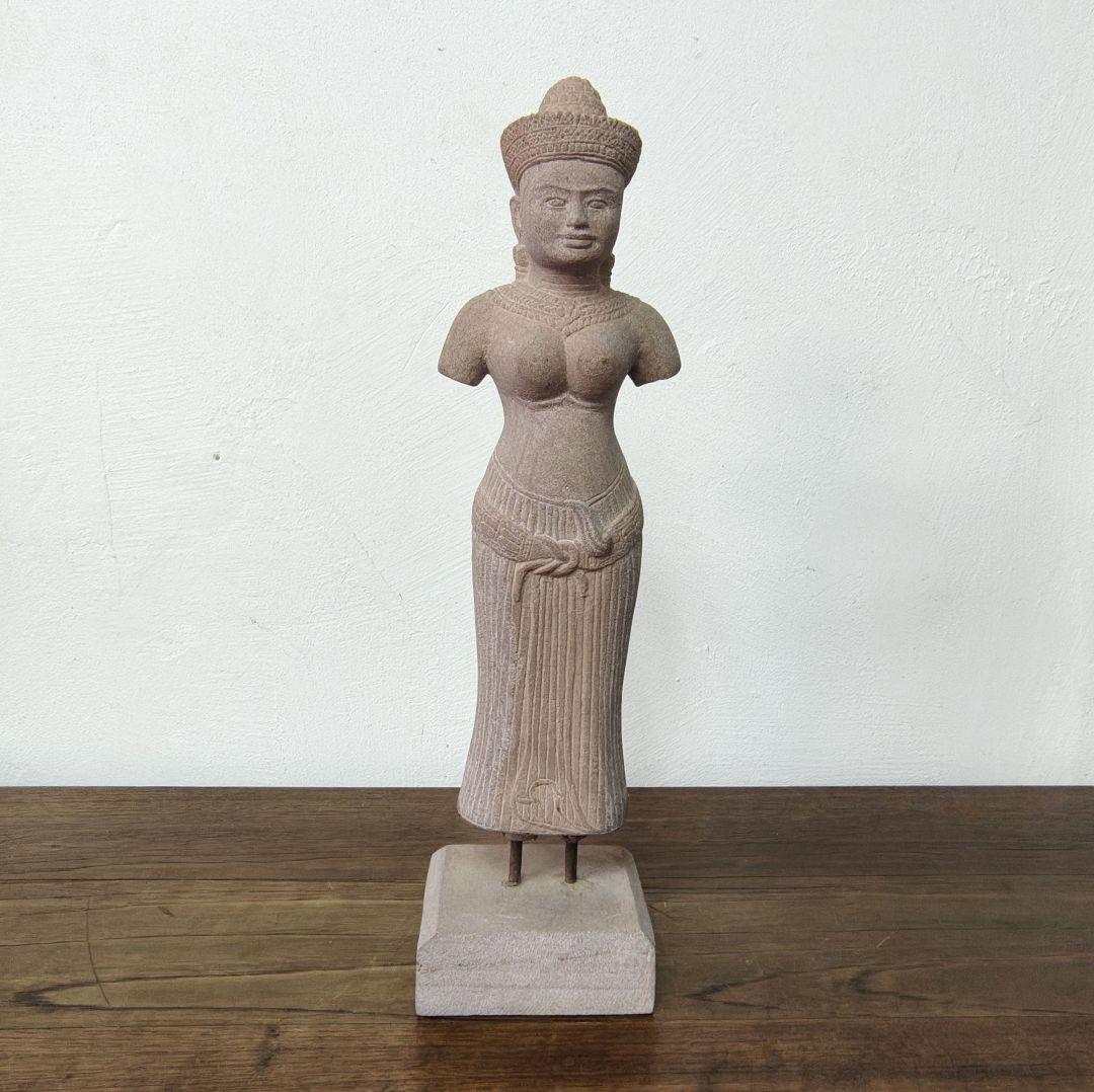 クメール　女神像　砂岩　彫刻　オブジェ　レプリカ　H39cm