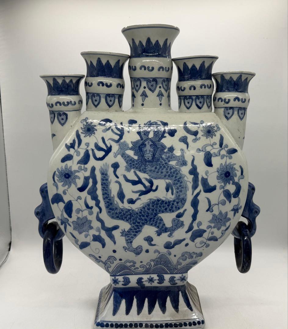 中国　染付　龍紋五管瓶　送料込み