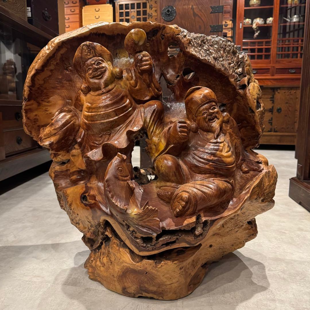 天然木 極上一刀彫 七福神 大黒天 恵比寿 大黒様 恵比寿様 大型 置物 縁起物