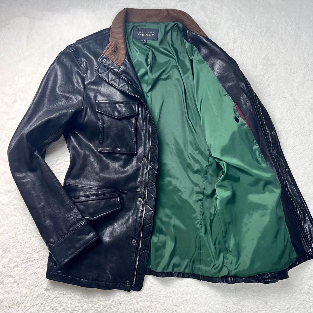 MONSIEUR NICOLE レザージャケット　黒×緑　XL